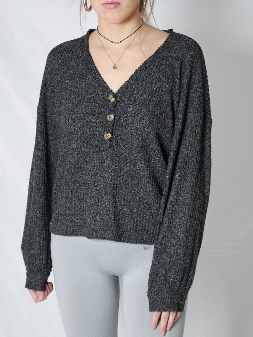 American Eagle Soft & Sexy Plush Waffle Knit Henley Sweater Medium Pull V-Neck